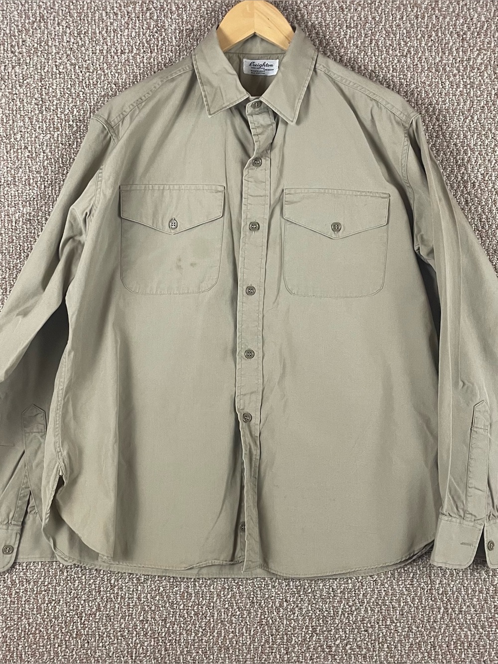 Vintage Creighton Shirt Men XL Beige Khaki Sanforized Poplin Workwear  185